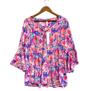 Dear Scarlett Womens Tunic Top Size XL Watercolor Abstract Floral Blouse Flare